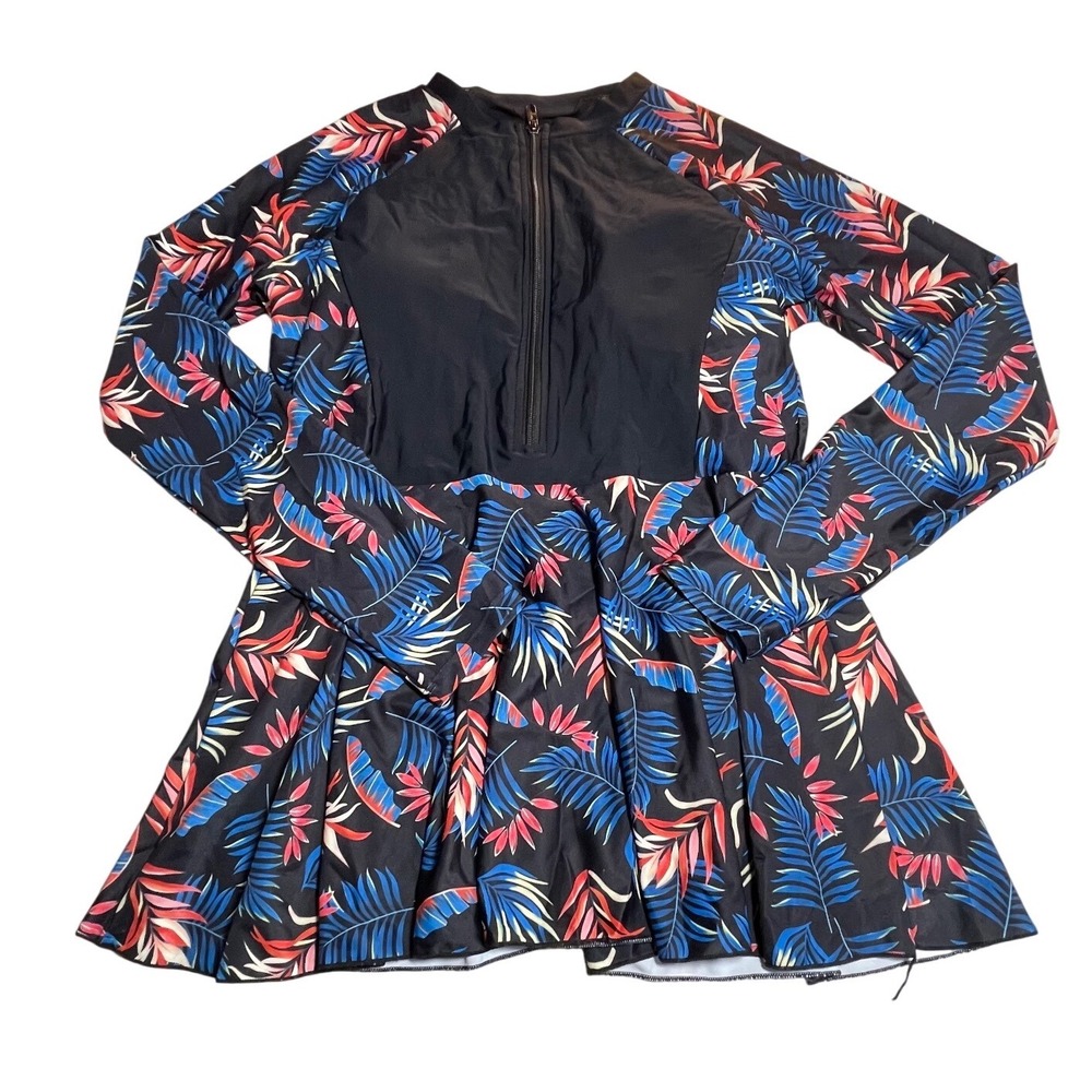 Tropical Floral Long Sleeve Swim Dress top Black Blue Red Half Zip Padded Size L